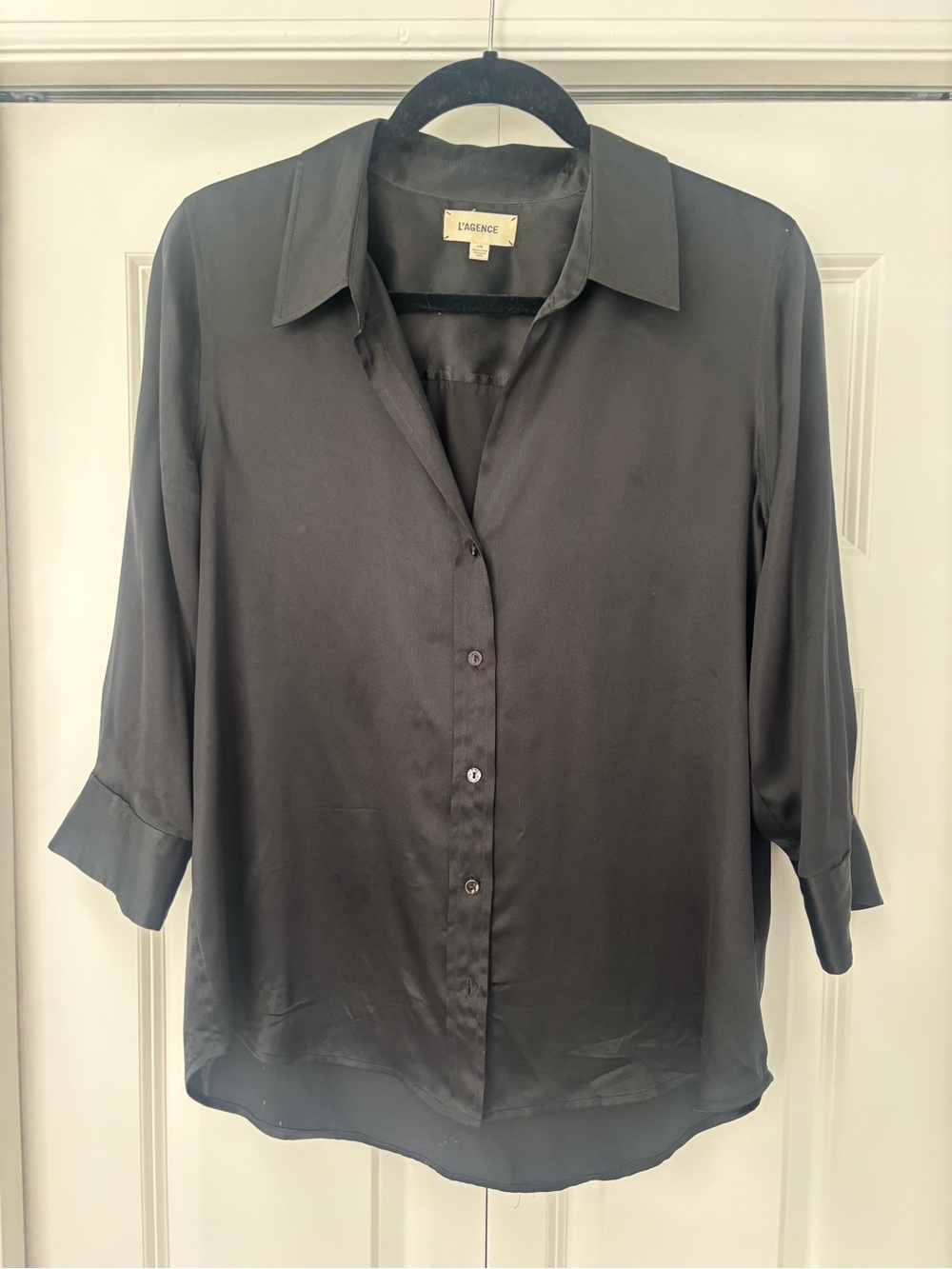 L'AGENCE Black Satin Button-Down Blouse